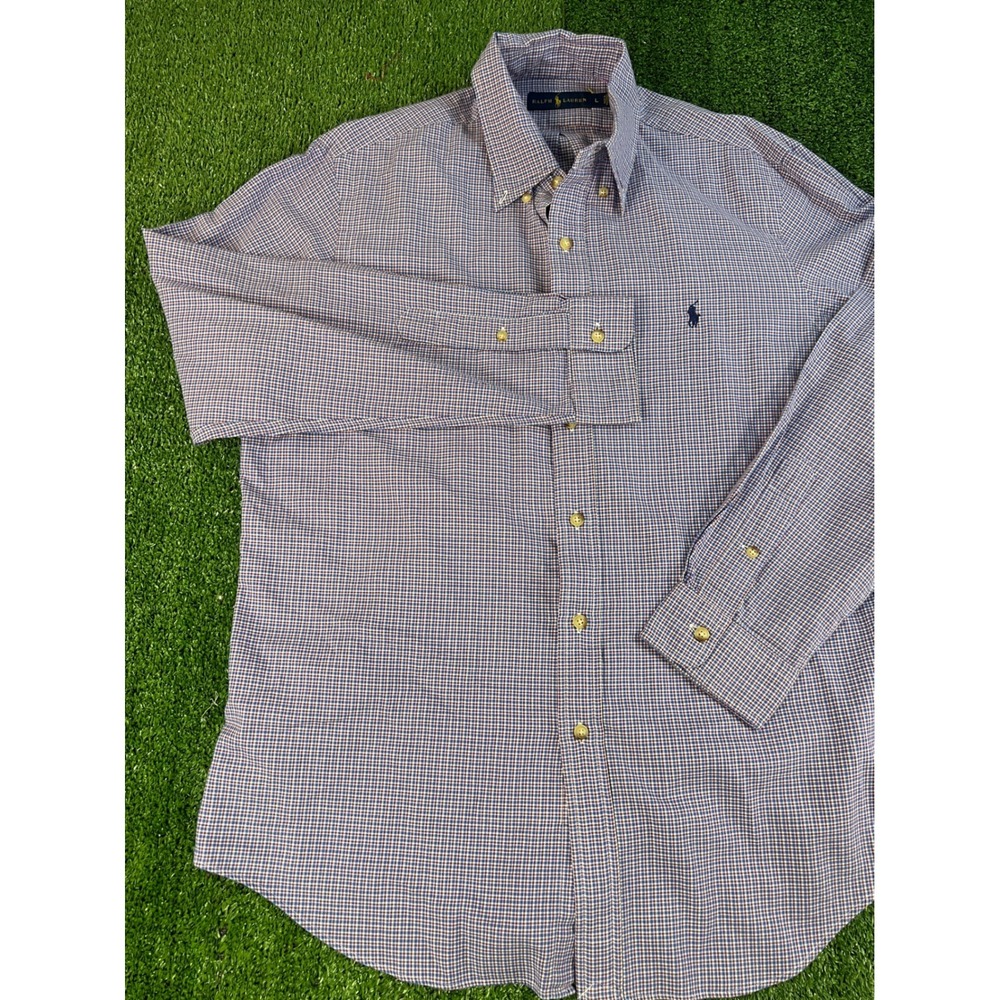 Ralph Lauren Mens Large Navy Burgundy Micro Check Button Down‎ Shirt Long Sleeve